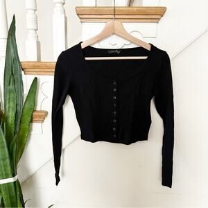 Level Up Womens Black Long Sleeve Ribbed Button Down Cropped Top Size Small